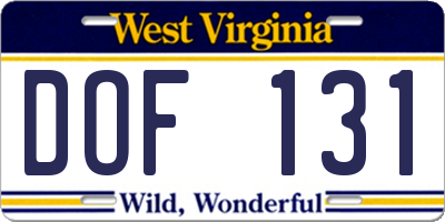 WV license plate DOF131