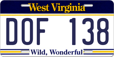 WV license plate DOF138