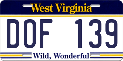 WV license plate DOF139