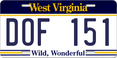 WV license plate DOF151