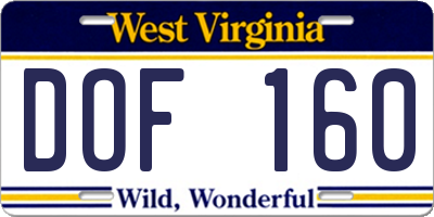 WV license plate DOF160