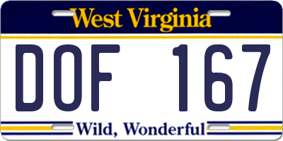 WV license plate DOF167