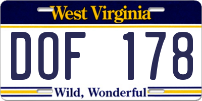 WV license plate DOF178