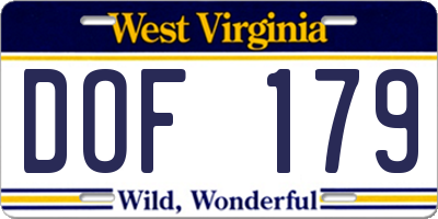 WV license plate DOF179