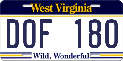 WV license plate DOF180