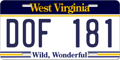 WV license plate DOF181