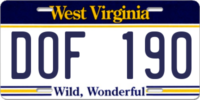 WV license plate DOF190