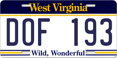 WV license plate DOF193