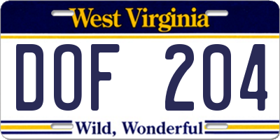 WV license plate DOF204