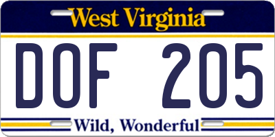 WV license plate DOF205