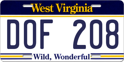 WV license plate DOF208