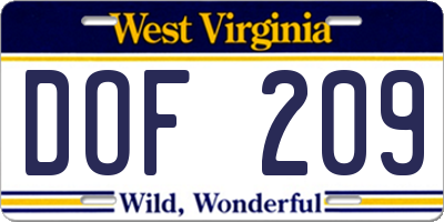 WV license plate DOF209