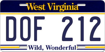 WV license plate DOF212