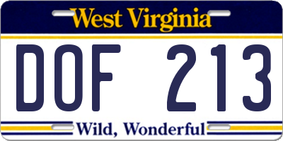 WV license plate DOF213