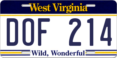 WV license plate DOF214
