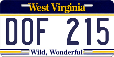 WV license plate DOF215