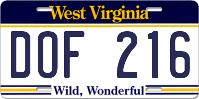 WV license plate DOF216