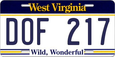 WV license plate DOF217
