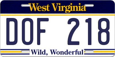 WV license plate DOF218