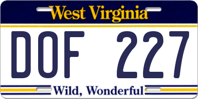 WV license plate DOF227