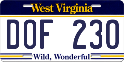 WV license plate DOF230