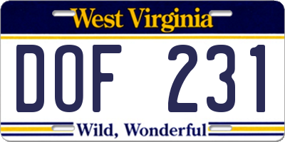 WV license plate DOF231