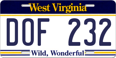 WV license plate DOF232