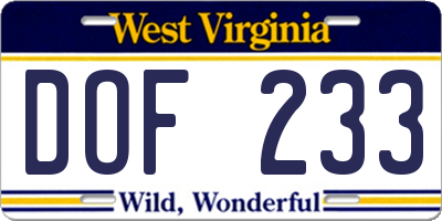 WV license plate DOF233