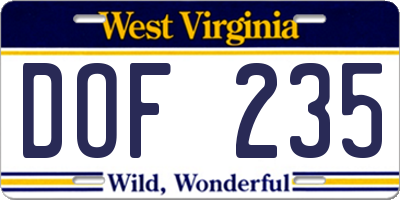 WV license plate DOF235