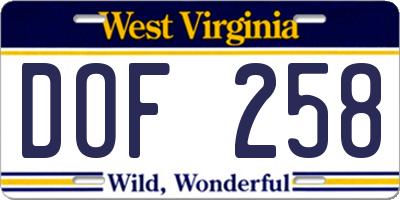 WV license plate DOF258