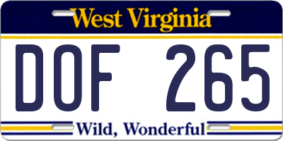 WV license plate DOF265