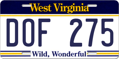 WV license plate DOF275