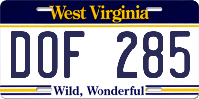 WV license plate DOF285