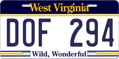 WV license plate DOF294