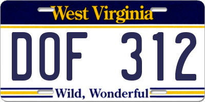 WV license plate DOF312