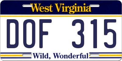 WV license plate DOF315