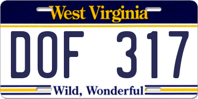 WV license plate DOF317