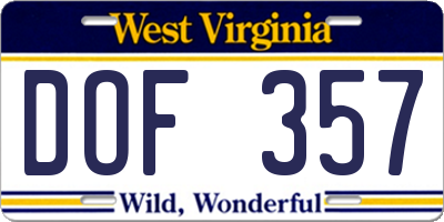 WV license plate DOF357