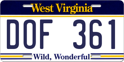 WV license plate DOF361
