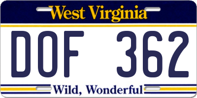 WV license plate DOF362