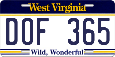 WV license plate DOF365