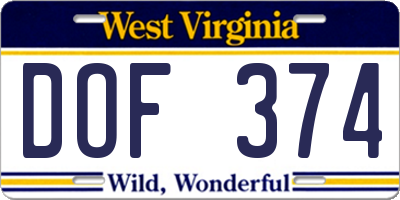 WV license plate DOF374