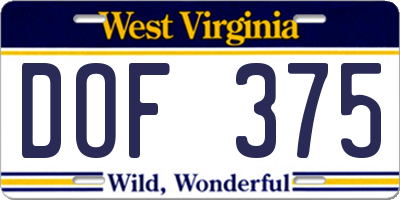 WV license plate DOF375