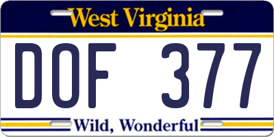 WV license plate DOF377