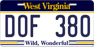 WV license plate DOF380
