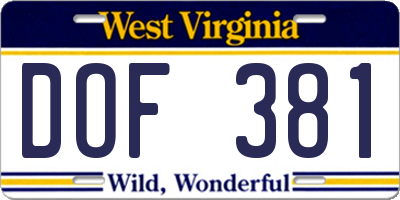 WV license plate DOF381