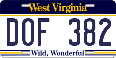 WV license plate DOF382