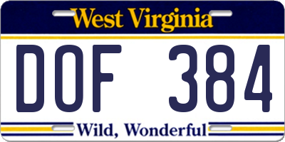 WV license plate DOF384