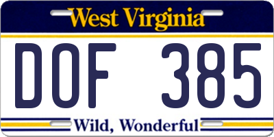WV license plate DOF385