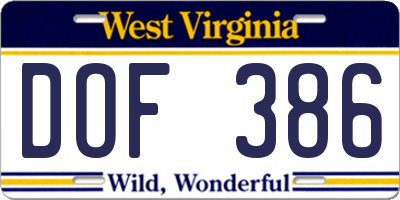 WV license plate DOF386